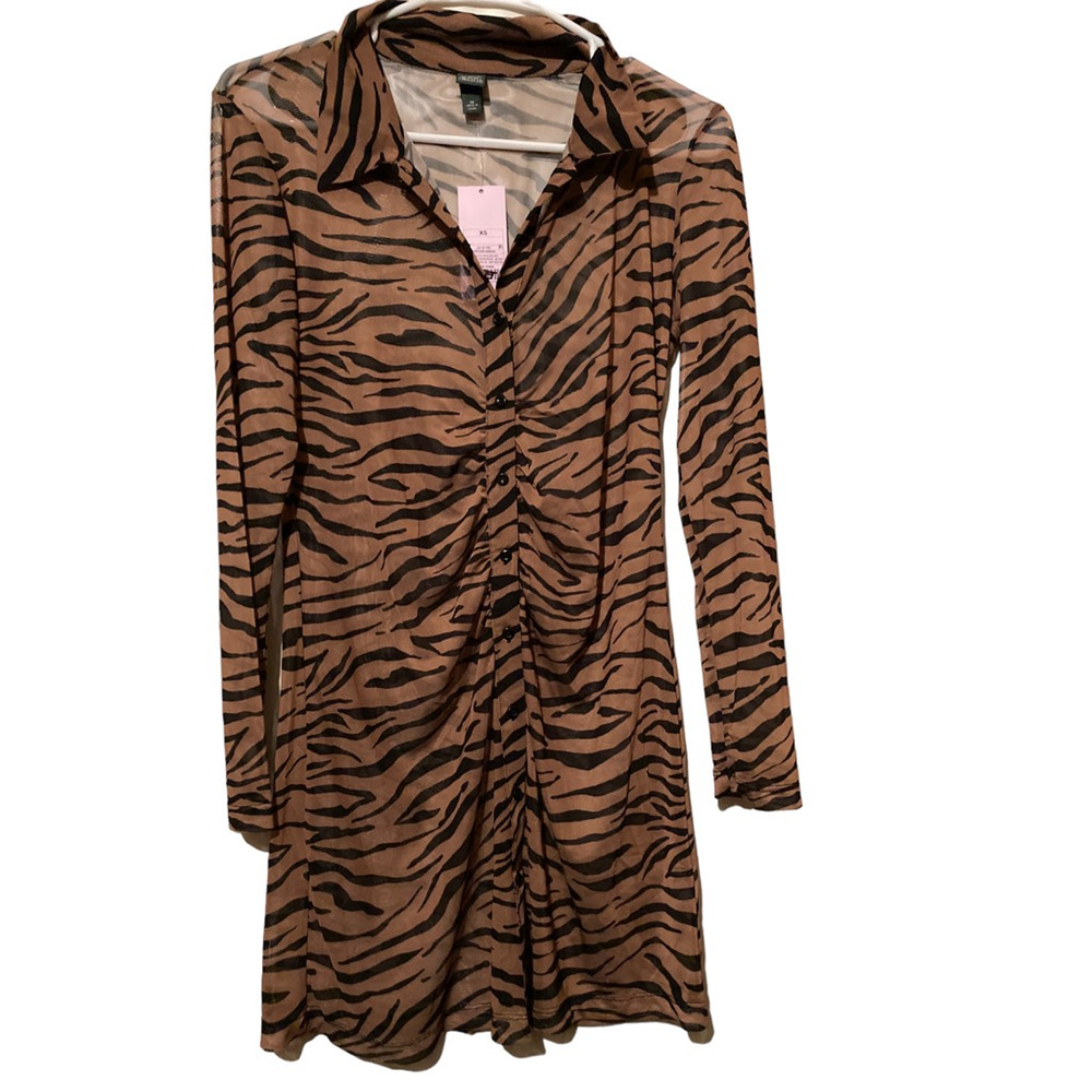 Wild Fable Womens Shirt Dress Brown Zebra‎ Mini Collar Long Sleeve Mesh XS New